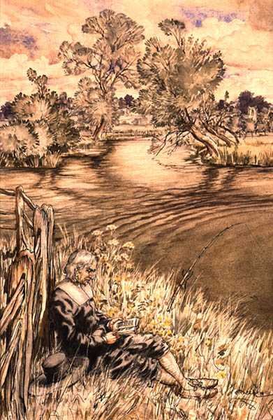 Izaak Walton Reclining Against a Fence ، واحدة من سلسلة من الرسوم التوضيحية من Izaak Walton ، "The Complete Angler" (قلم وحبر وألوان مائية على ورق) بواسطة آرثر راكهام
