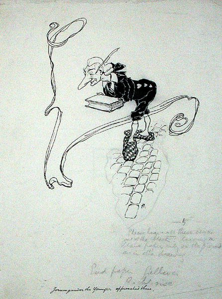 `` غادر Jorumgander the Younger متجره واقترب منهم مع علبة أقلام عرضها للبيع '' ، رسم توضيحي من 'The Zankiwank and the Bletherwitch' ، بقلم SJ Adair Fitzgerald ، نُشر عام 1896 (قلم وحبر على ورق) بواسطة آرثر راكهام