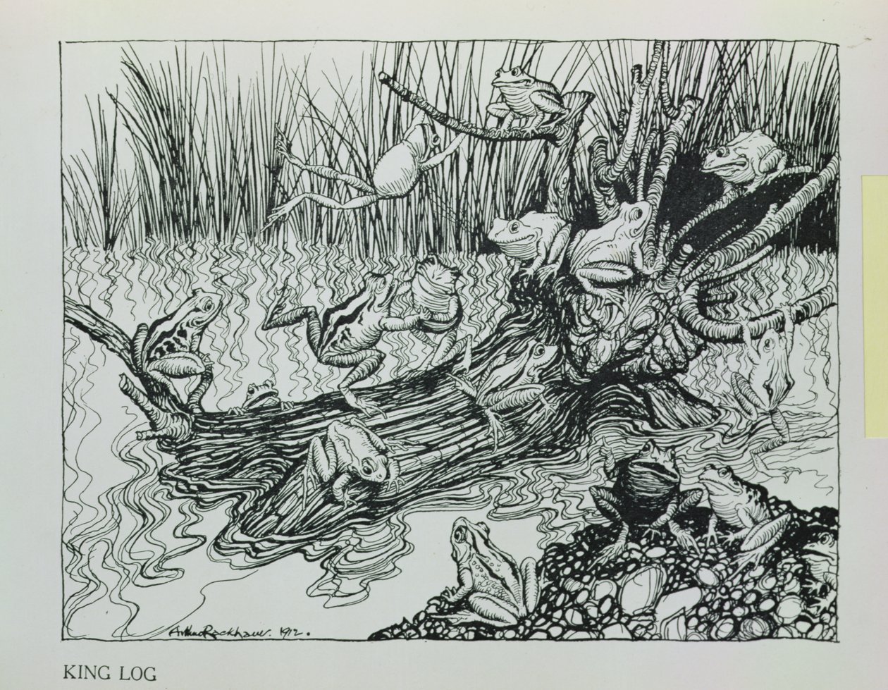 King Log ، رسم توضيحي من "أساطير إيسوب" ، نشره Heinemann ، 1912 بواسطة آرثر راكهام