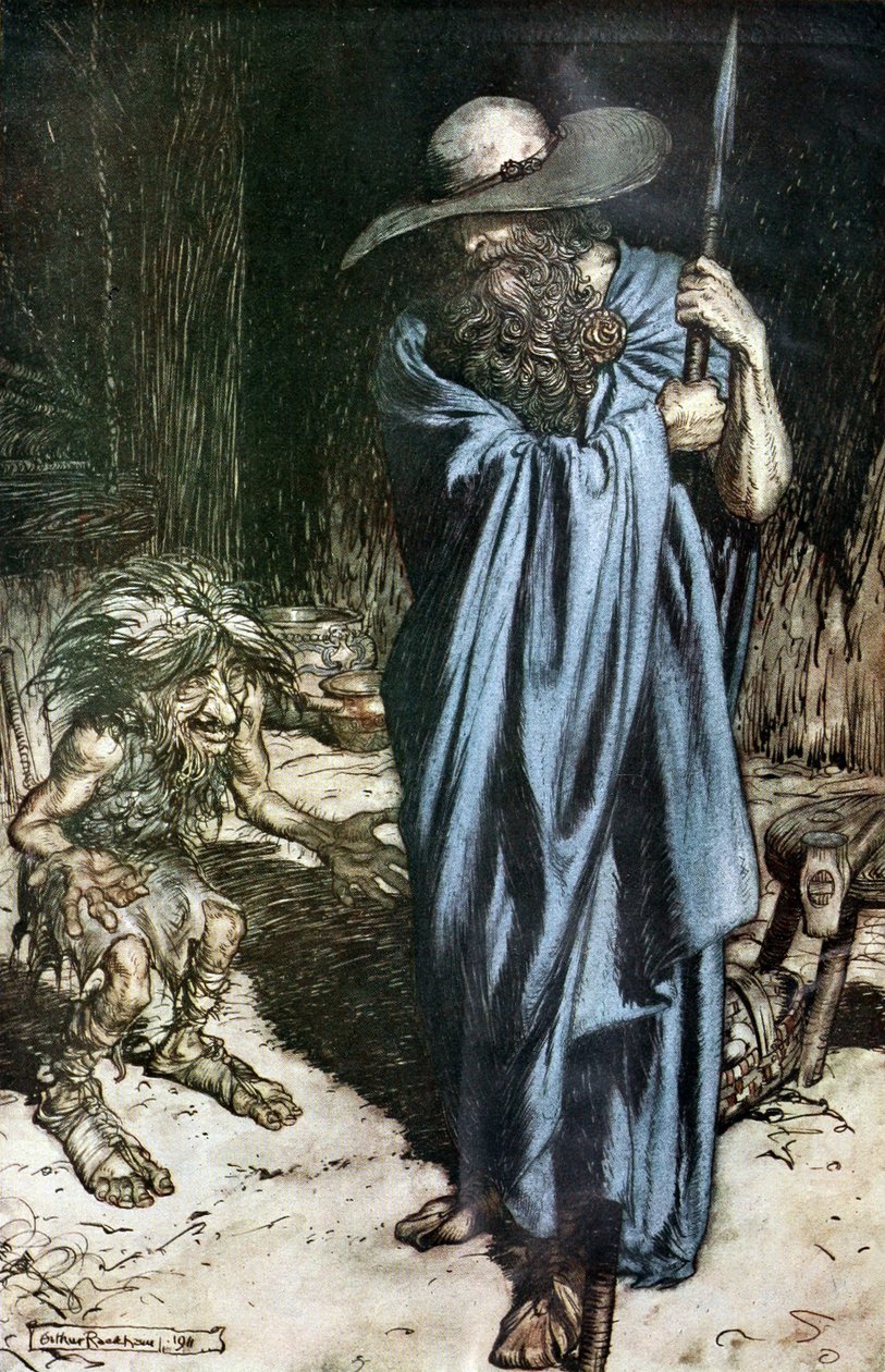 Mime و Wanderer. رسم توضيحي لـ Siegfried وشفق الآلهة بقلم ريتشارد فاجنر ، بواسطة آرثر راكهام
