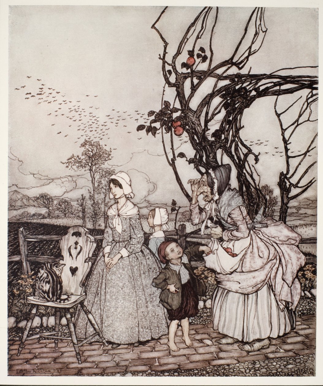 الأم والأطفال يعودون من جمع التفاح ، من Rip Van Winkle by Washington Irving ، حانة. 1910 بواسطة آرثر راكهام