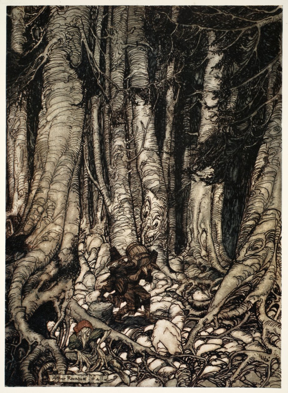 قام بعضهما بتخفيف بعضهما البعض من خلال التسلق إلى أخدود ضيق. ، من Rip Van Winkle by Washington Irving ، حانة. 1910 بواسطة آرثر راكهام