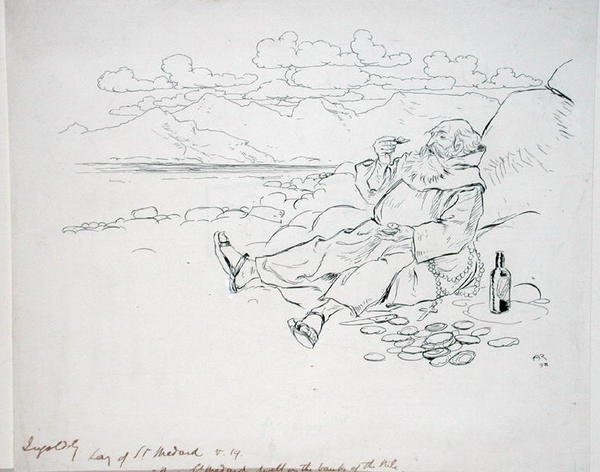 "الآن سانت ميدارد سكن على ضفاف النيل" ، رسم توضيحي من "أساطير إنجولدسبي ، أو ميرث آند مارفلز" ، بقلم توماس إنغولدسبي ، نُشر عام 1898 (قلم وحبر على ورق) بواسطة آرثر راكهام