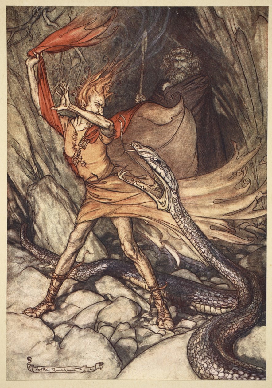 "أوه! أوه! تنين فظيع ، لا تبتلعني! وفروا حياة لوج المسكين! ، التوضيح من "The Rhinegold and the Valkyrie" ، 1910 بواسطة آرثر راكهام