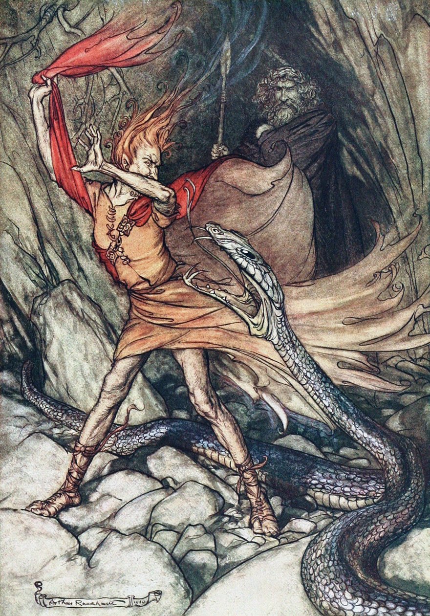 أوه! أوه! التنين الرهيب ، أوه ، لا تبتلعني! توضيح لرينجلد و فالكيري بواسطة آرثر راكهام