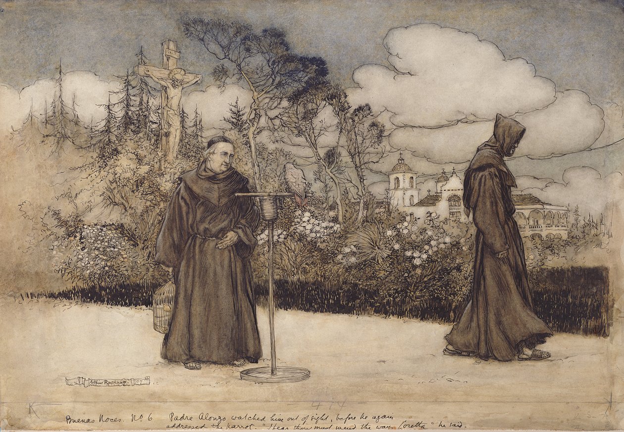 شاهده بادري ألونزو بعيدًا عن الأنظار ، التوضيح من Good Night بواسطة Eleanor Gates ، 1907 (قلم وحبر ومرحاض على ورق) بواسطة آرثر راكهام