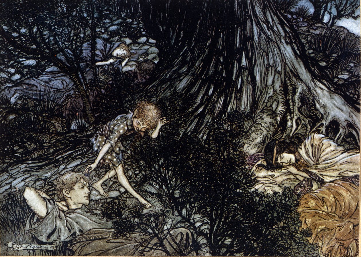 عفريت وضع مرشح سحري على جفون الشخصيات النائمة. رسم إيضاحي لآرثر راكهام (1867-1939) لحلم ليلة صيفية بقلم ويليام شكسبير بواسطة آرثر راكهام