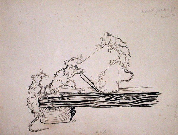 "الجرذان! ... أكلت الجبن من الأواني!" ، رسم توضيحي من "The Pied Piper of Hamelin" ، نسخة لروبرت براوننج ، نُشرت عام 1934 (قلم وحبر على ورق) بواسطة آرثر راكهام