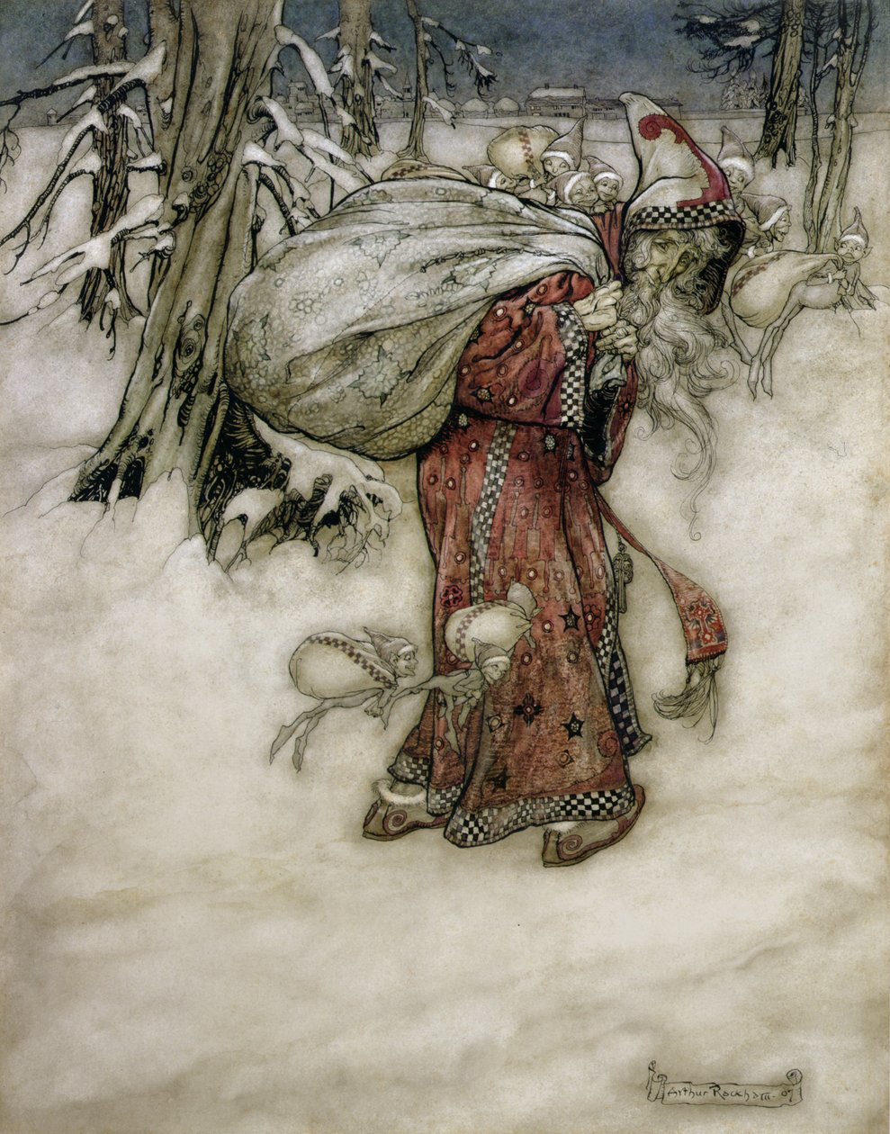 سانتا كلوز ، رسم توضيحي من كتاب صور آرثر راكهامز ، 1907 ، تم نشره عام 1913 (قلم وحبر ومرحاض على الورق) بواسطة آرثر راكهام