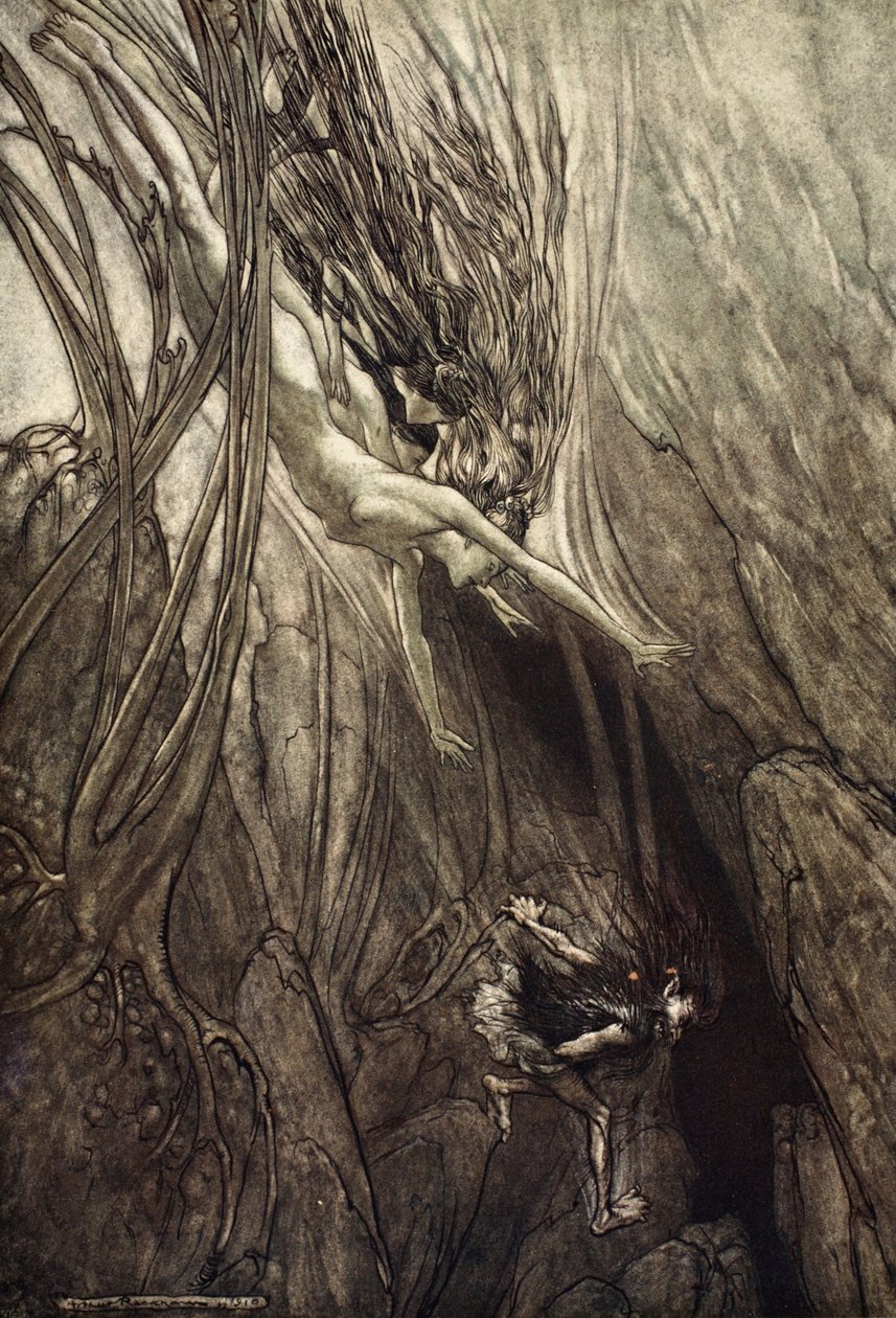الاستيلاء على despoiler! انقاذ الذهب! ساعدنا! ساعدنا! ويل! ويل! ، توضيح من "The Rhinegold and the Valkyrie" ، 1910 بواسطة آرثر راكهام