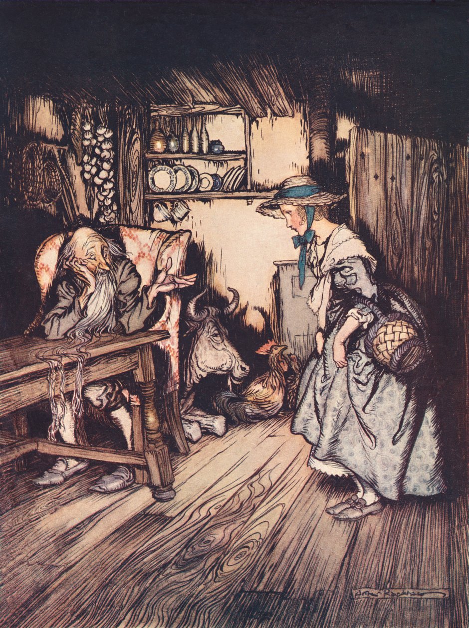 لقد توسلت بلطف شديد للسماح لها بقضاء الليل هناك. رسم توضيحي لأرثر راكهام من فيلم Fairy Tale ، The Hut in the Forest لجريم ، نُشر في أواخر القرن التاسع عشر. بواسطة آرثر راكهام