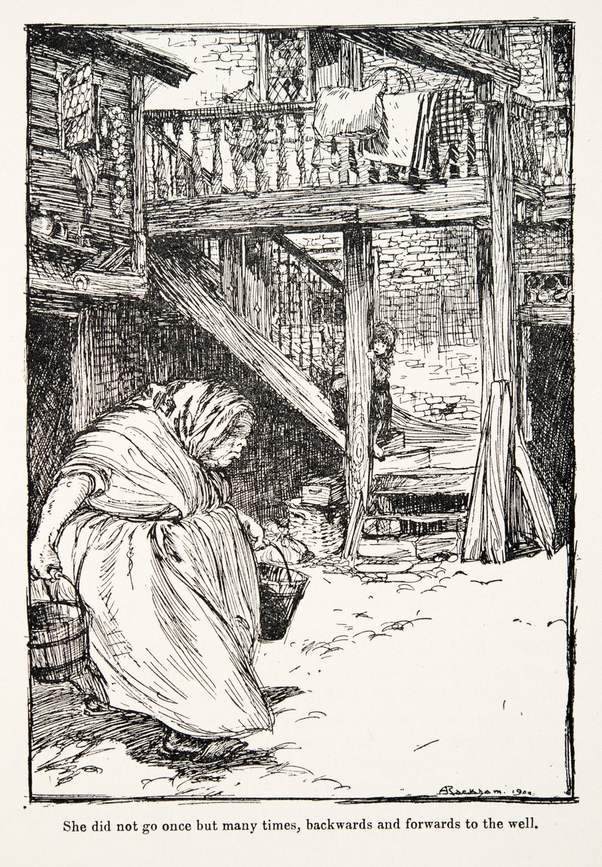 لم تذهب مرة واحدة ولكن عدة مرات ، إلى الوراء وإلى الأمام إلى البئر ، من The Fairy Tales of the Brothers Grimm ، الحانة. 1909 بواسطة آرثر راكهام