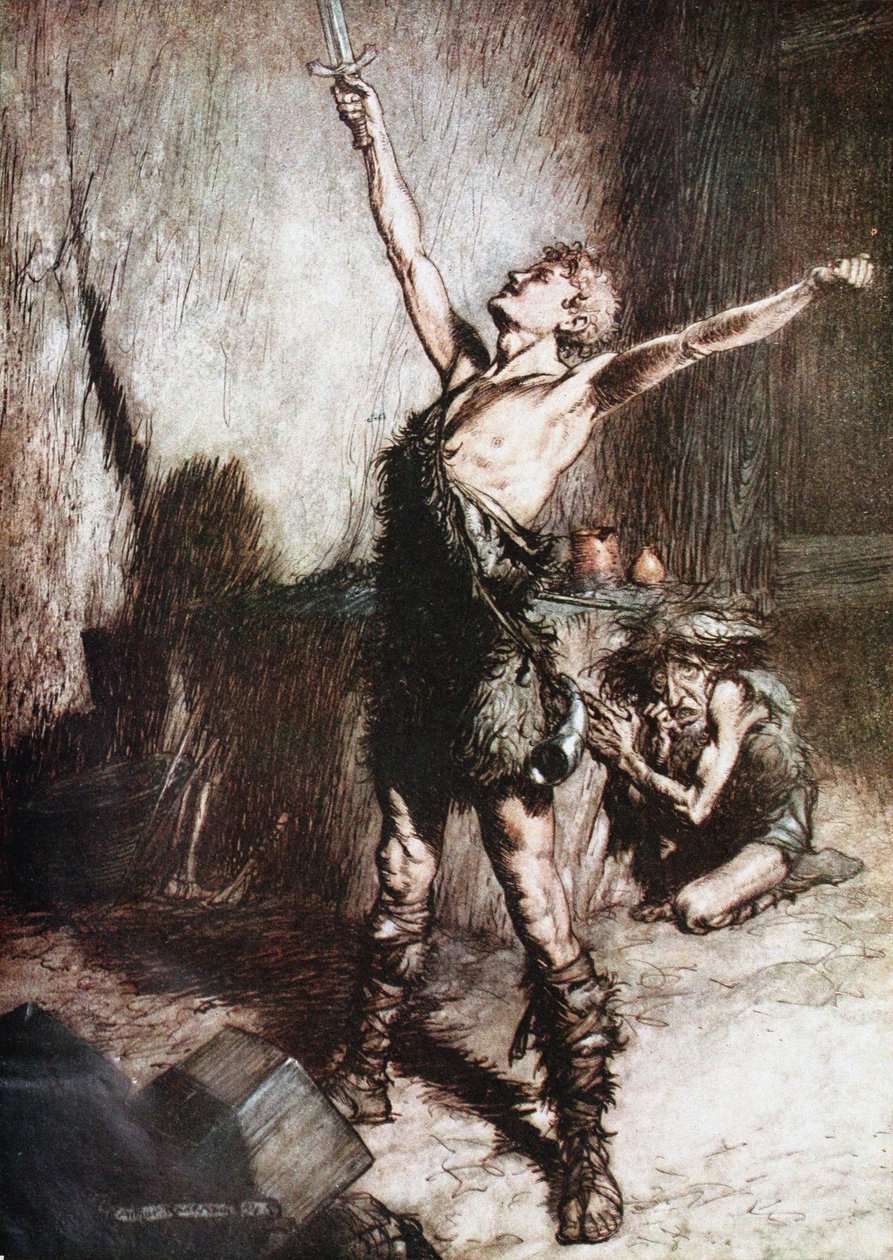 سيغفريد يصوغ سيفه. رسم توضيحي ل Siegfried وشفق الآلهة بقلم ريتشارد واج بواسطة آرثر راكهام