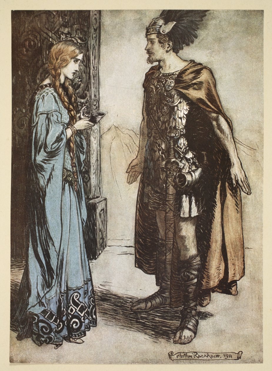 Siegfried تسلم بوق الشرب إلى Gutrune ، وتنظر إليها بشغف مفاجئ ، رسم توضيحي من "Siegfried و Twilight of the Gods" ، 1924 بواسطة آرثر راكهام