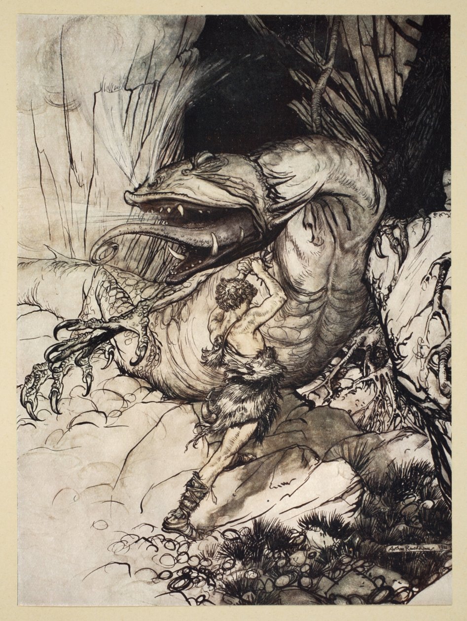 Siegfried يقتل Fafner ، التوضيح من "Siegfried وشفق الآلهة" ، 1924 بواسطة آرثر راكهام