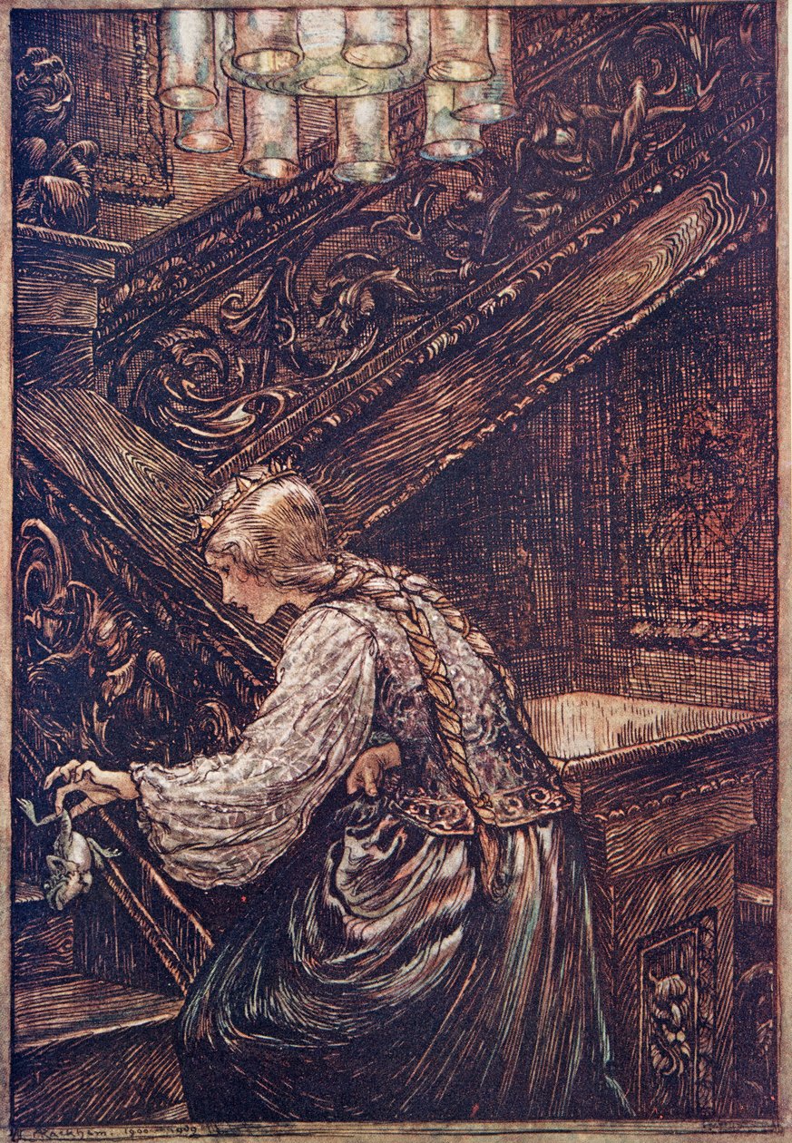 فقبضت عليه بإصبعين وحملته إلى الطابق العلوي .. ، من حكايات الأخوان جريم ، حانة. 1909 بواسطة آرثر راكهام