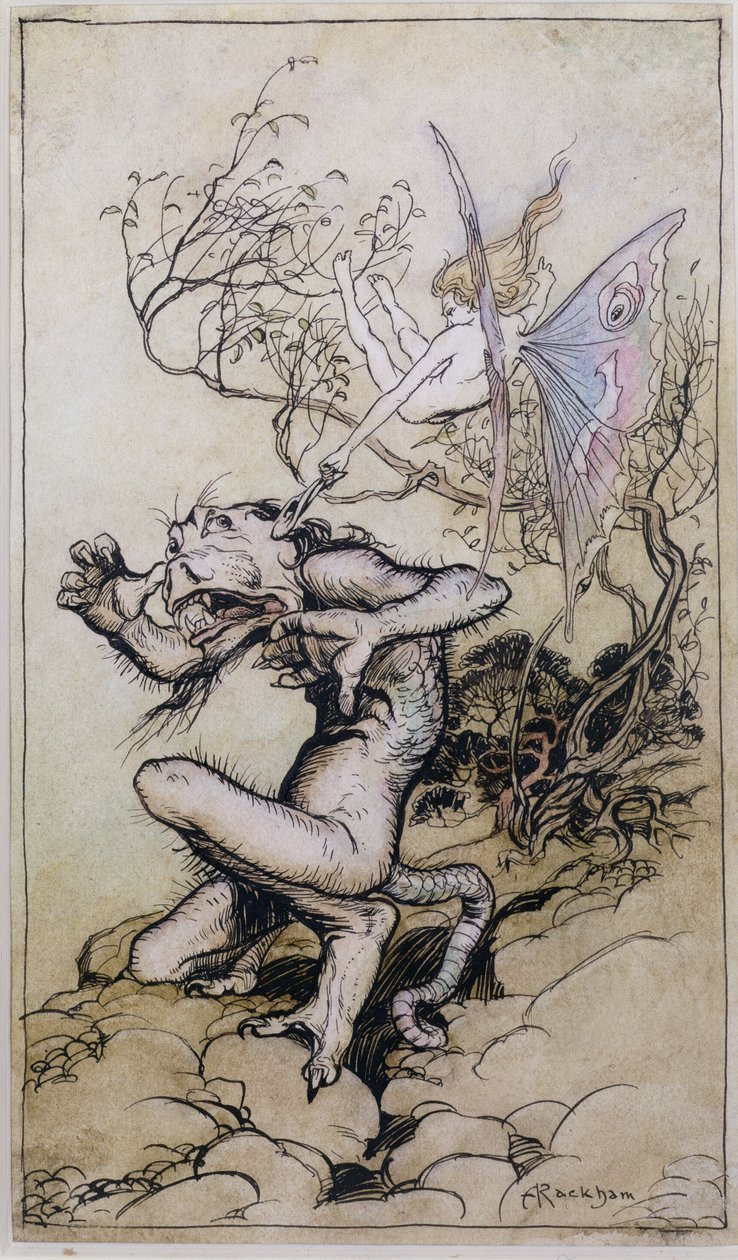 العفريت والوحش ، رسم توضيحي من حكايات شكسبير تشارلز (1775-1834) وماري لامب (1764-1847) 1909 (قلم وحبر ، مرحاض) بواسطة آرثر راكهام