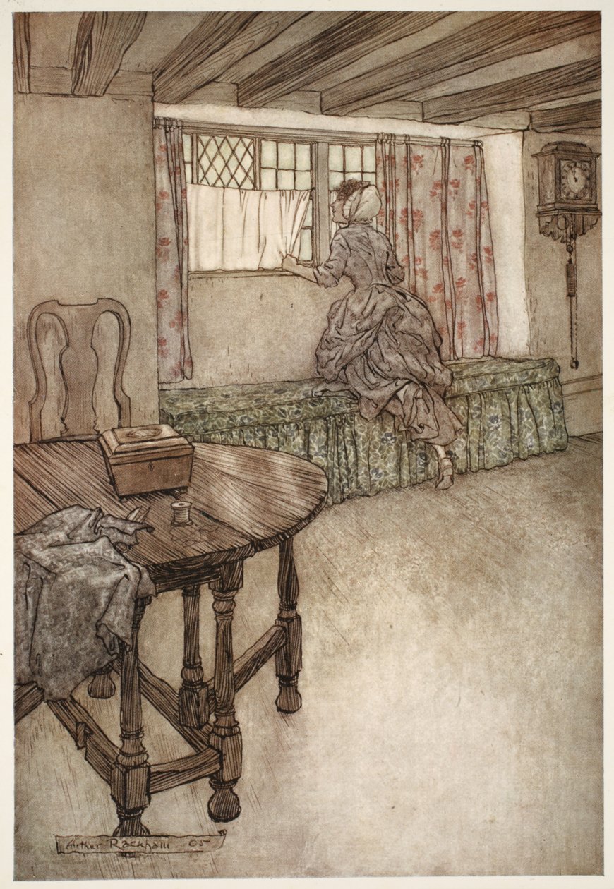 كانت أسماء غريبة على الأبواب - وجوه غريبة عند النوافذ - كل شيء غريب. ، من Rip Van Winkle by Washington Irving ، حانة. 1910 بواسطة آرثر راكهام