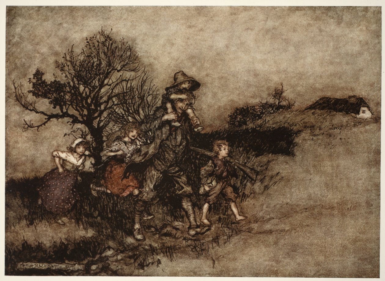 محاط بقوات من الأطفال. ، من Rip Van Winkle by Washington Irving ، حانة. 1910 بواسطة آرثر راكهام
