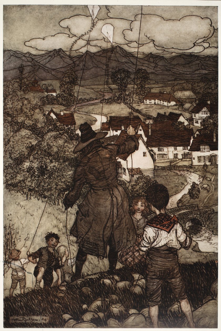 علمتهم أن يطيروا الطائرات الورقية. ، من Rip Van Winkle by Washington Irving ، حانة. 1910 بواسطة آرثر راكهام