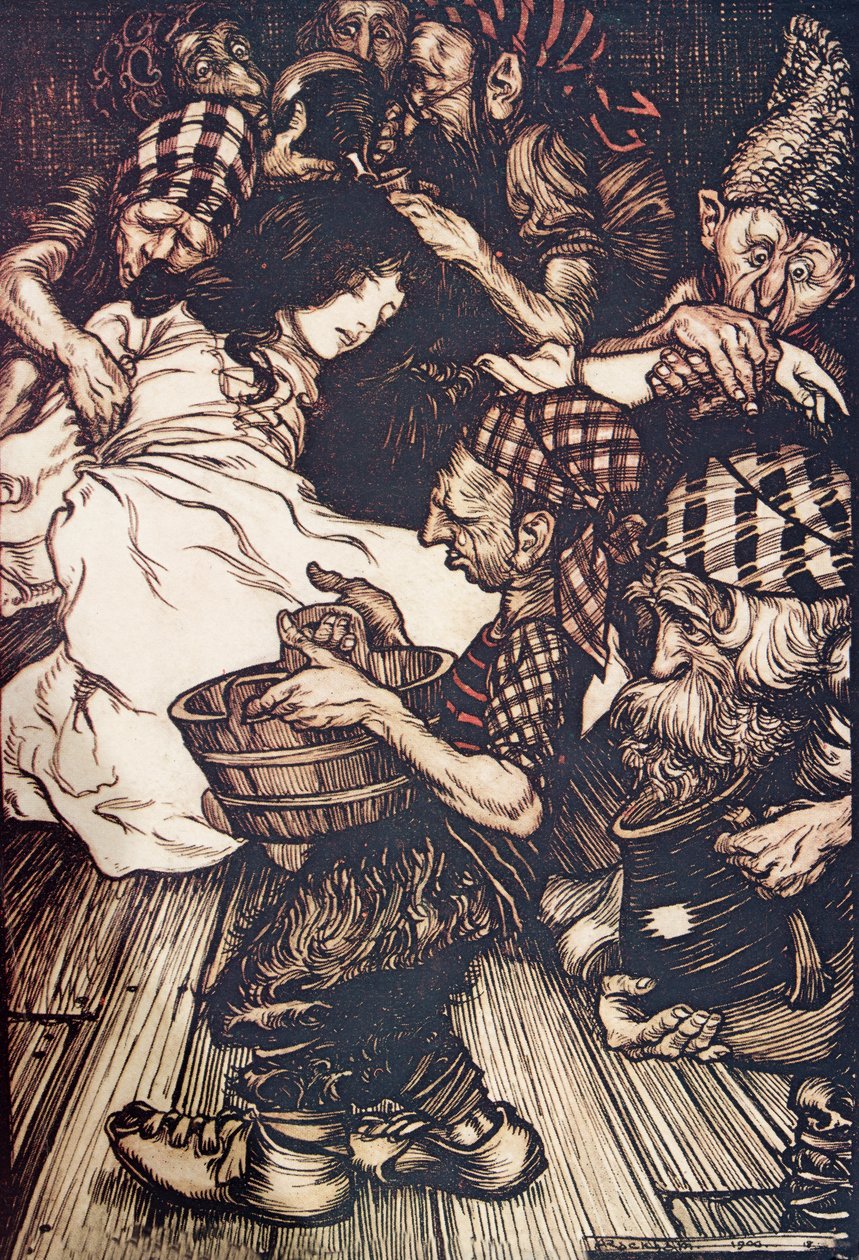 وجد الأقزام ، عندما وصلوا في المساء ، Snowdrop ملقى على الأرض ، من حكايات الأخوة Grimm ، الحانة. 1909 بواسطة آرثر راكهام