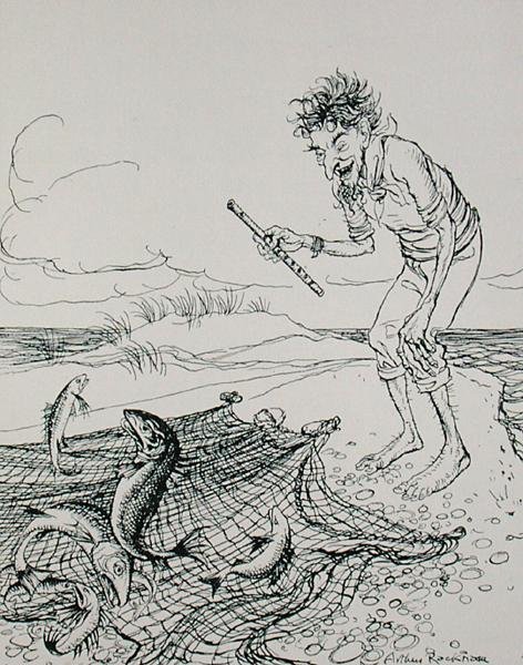 The Fisherman Piping ، رسم توضيحي من "Aesop's Fables" ، نشره Heinemann بواسطة آرثر راكهام
