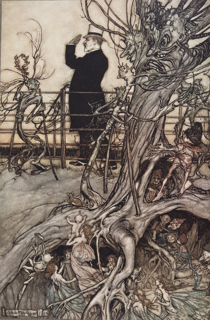 The Kensington Gardens are in London, where the King lives ..", from Peter Pan in Kensington Gardens by J M Barrie (1860 - 1937), pub. 1906 (colour litho) بواسطة آرثر راكهام
