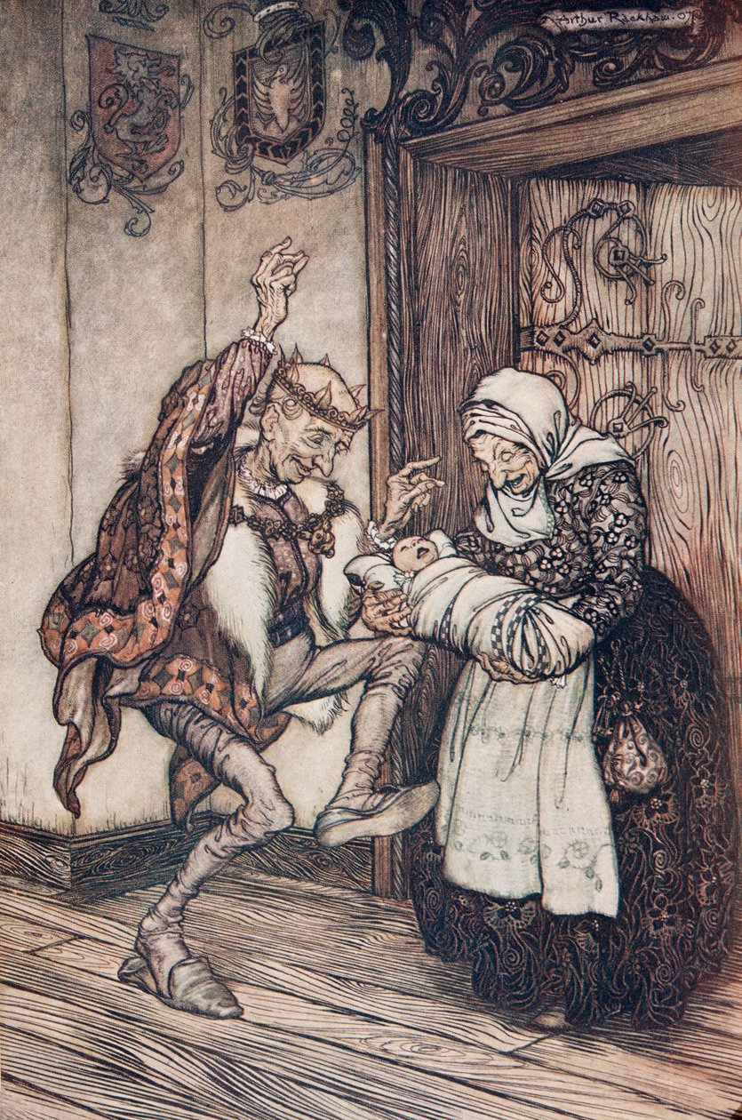 لم يستطع الملك أن يحتوى على الفرح ؟. ، من حكايات الإخوة جريم ، حانة. 1909 بواسطة آرثر راكهام