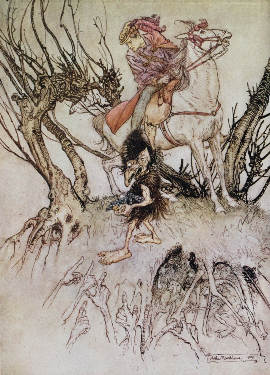 الفارس هولبراند مع تمثال ، رسم توضيحي لحكاية &39;Undine&39; للبارون دي لا موت فوك ، 1909 بواسطة آرثر راكهام