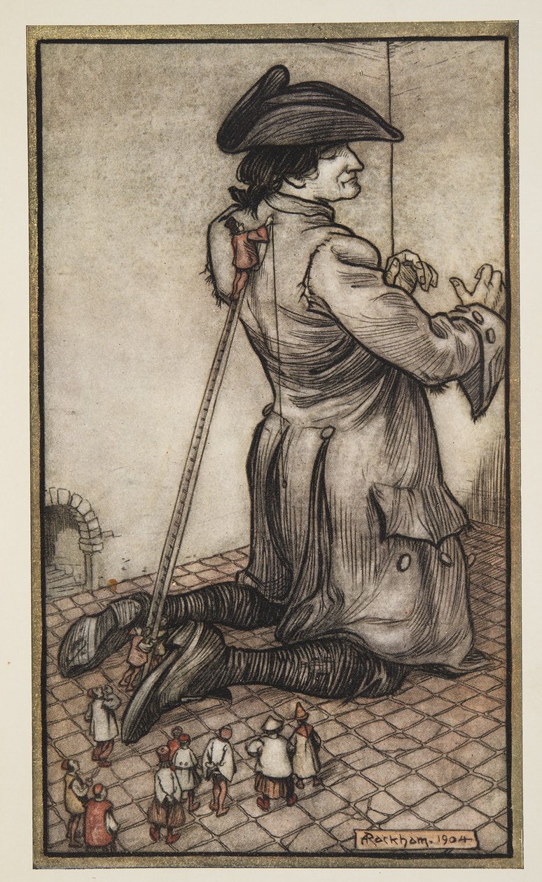يقوم الخياطون Lilliputian بقياس Gullliver لبدلة جديدة من الملابس ، من Gullivers Travels بواسطة Jonathon Swift (1667 - 1745) ، حانة. 1909 بواسطة آرثر راكهام