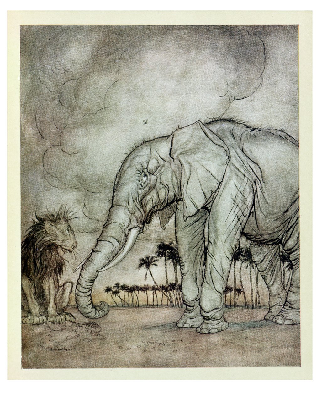 الأسد والمشتري والفيل ، رسم توضيحي من "أساطير إيسوب" ، نشره Heinemann ، 1912 بواسطة آرثر راكهام