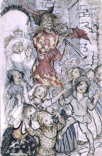 The Pied Piper of Hamelin ، رسم توضيحي للقصيدة بواسطة حانة روبرت براوننج (1812-89). 1934 (قلم وحبر ، ألوان مائية على ورق) بواسطة آرثر راكهام