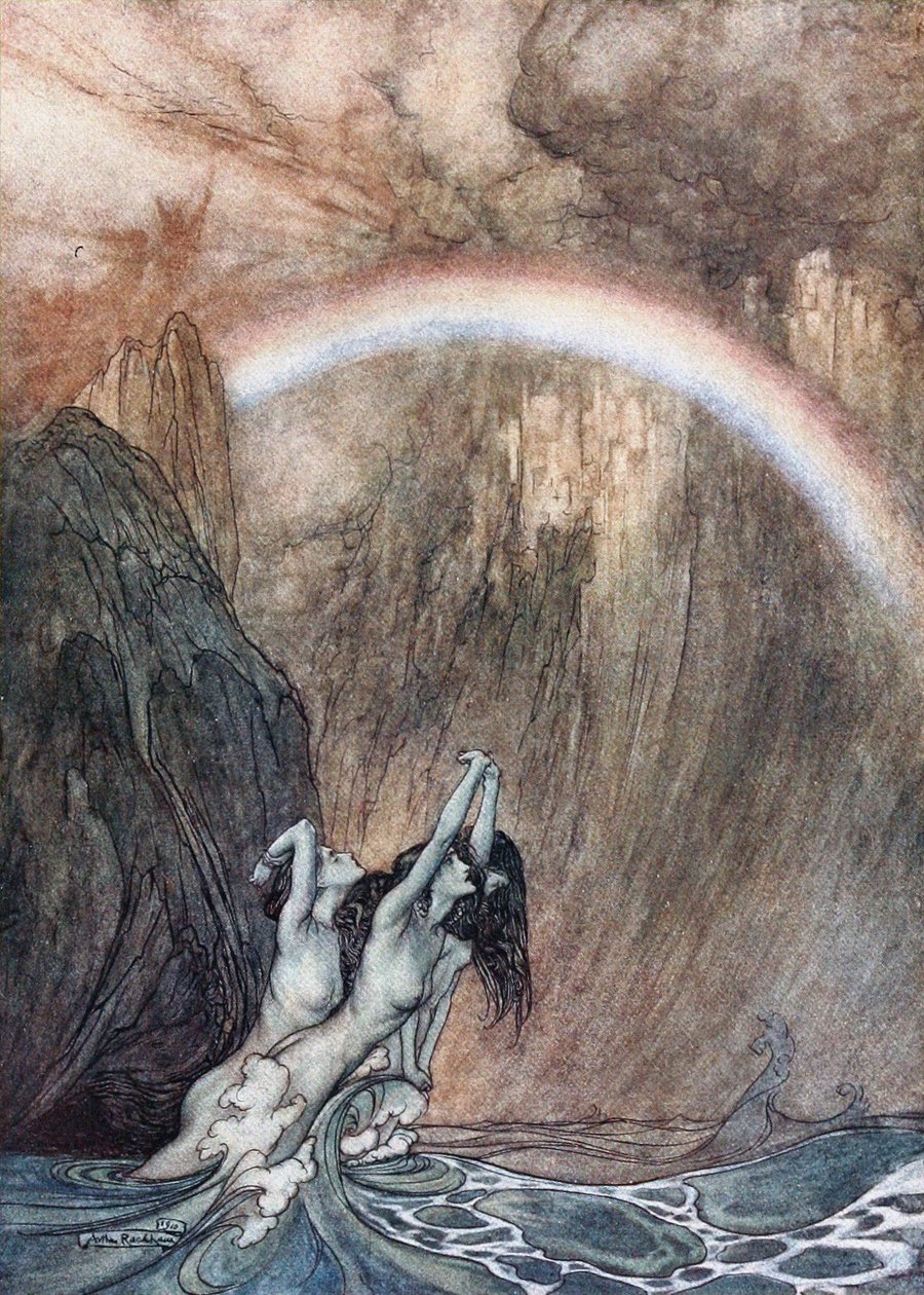 راينميدينس ينوحون ذهبهم المفقود. رسم توضيحي لـ The Rhinegold and The Valkyrie بواسطة Richar بواسطة آرثر راكهام