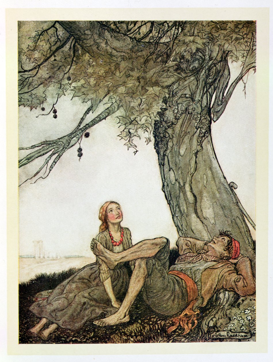 المسافرون وشجرة الطائرة ، رسم توضيحي من "أساطير إيسوب" ، نشره Heinemann ، 1912 بواسطة آرثر راكهام