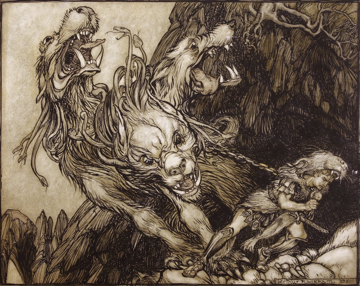 العمل الثاني عشر لهرقل ، رسم توضيحي من الأبطال اليونانيين بقلم جي بي نيبور ، 1903 (قلم وحبر ومرحاض على ورق) بواسطة آرثر راكهام