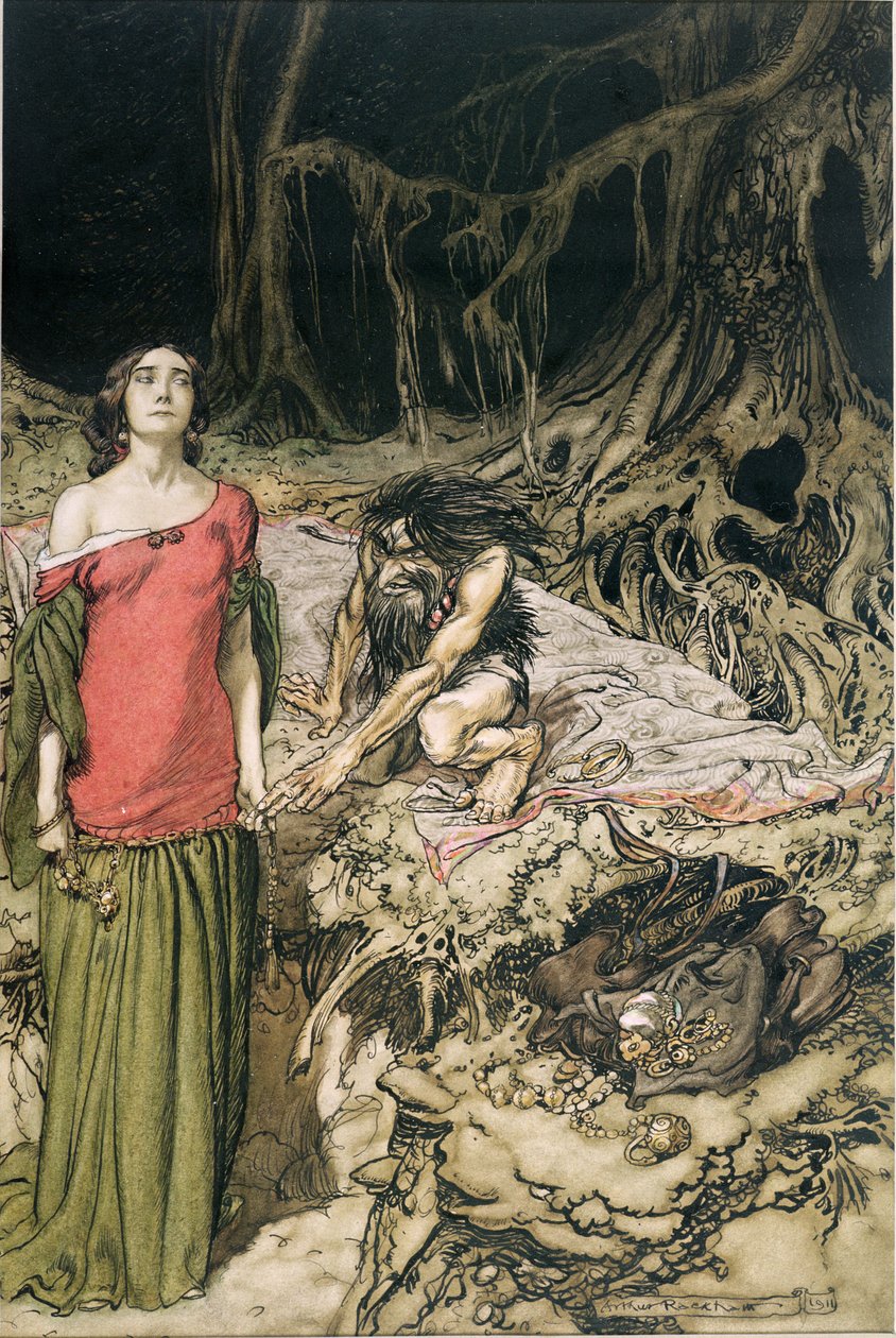 اغواء Grimhilde ، والدة Hagen من فيلم Siegfried و The Twilight of the Gods بقلم ريتشارد فاجنر ، ترجمة مارغريت آرمور ، 1911 بواسطة آرثر راكهام