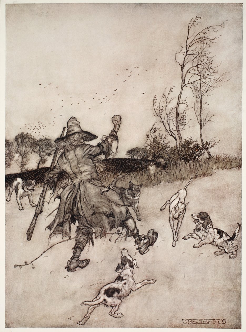 الكلاب أيضا ، التي لم يكن أحدها يعرفها عن شخص قديم ، نبح عليه وهو يمر. ، من Rip Van Winkle by Washington Irving ، حانة. 1910 بواسطة آرثر راكهام