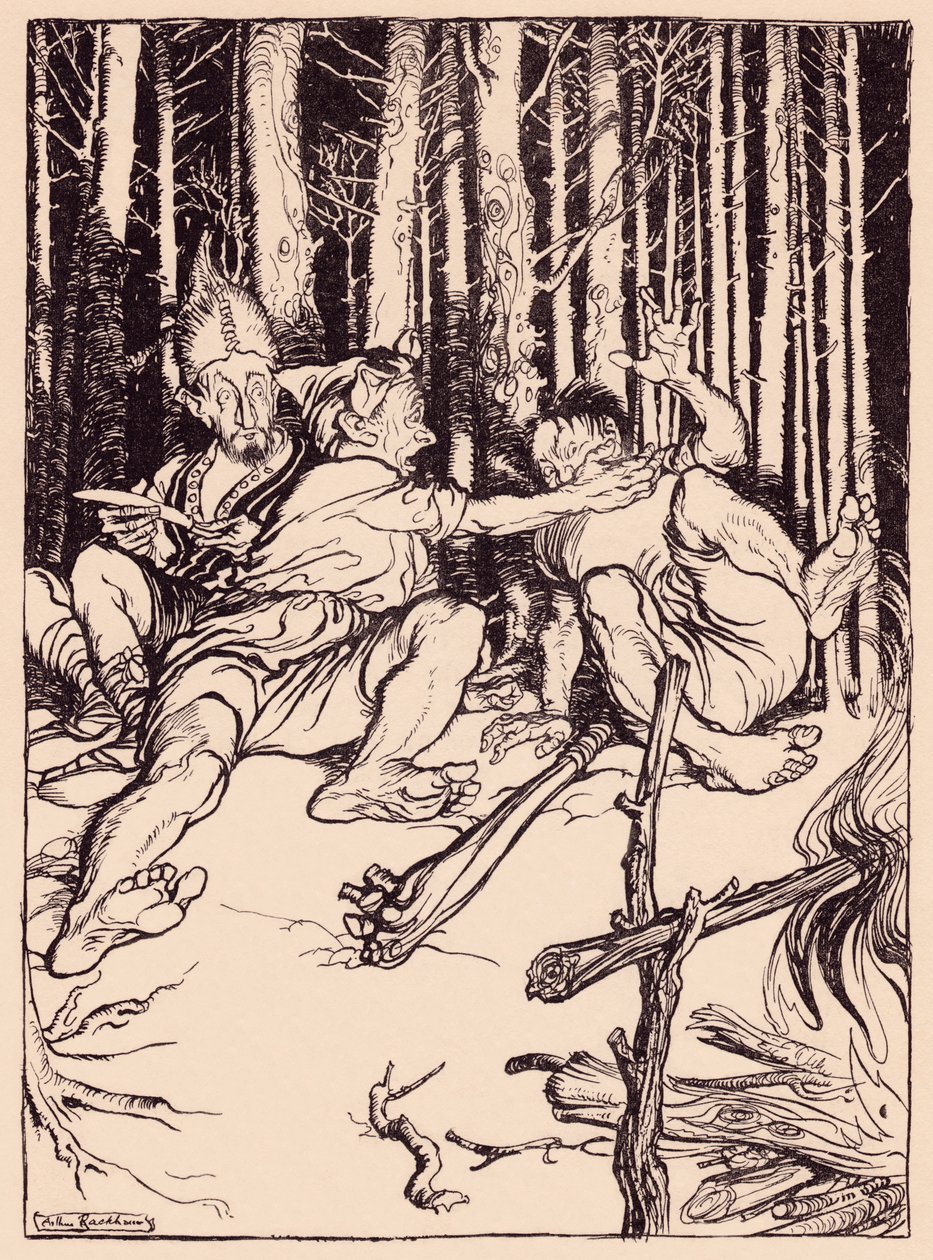 أعطى العملاق للذي كان يجلس بجانبه صندوقًا على أذنه. رسم توضيحي لآرثر راكهام من فيلم Fairy Tale لجريم ، The Skillful Huntsman. بواسطة آرثر راكهام