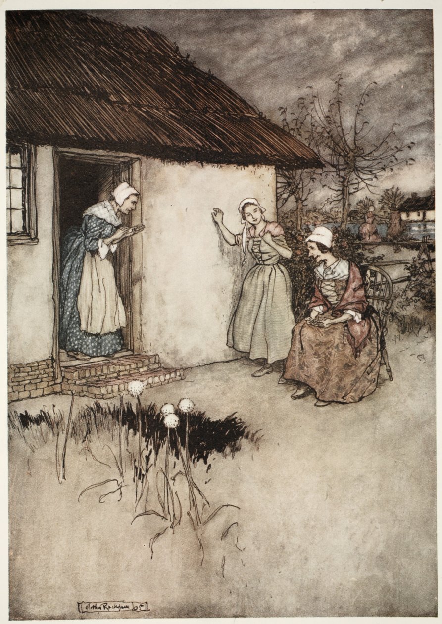 لم تفشل زوجات القرية الطيبة ، في أحاديثهن المسائية ، في إلقاء اللوم على Dame Van Winkle ، من Rip Van Winkle by Washington Irving ، الحانة. 1910 بواسطة آرثر راكهام