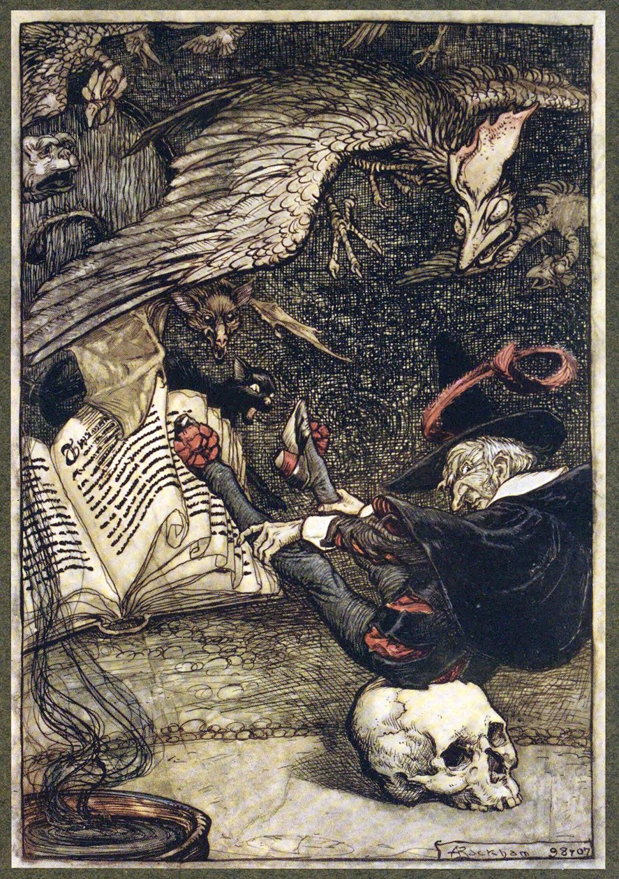 الرجل الصغير كان يجلس في وسط الدائرة على الجمجمة الكبيرة ، من حانة إنغولدسبي ليجندز. 1907 بواسطة آرثر راكهام