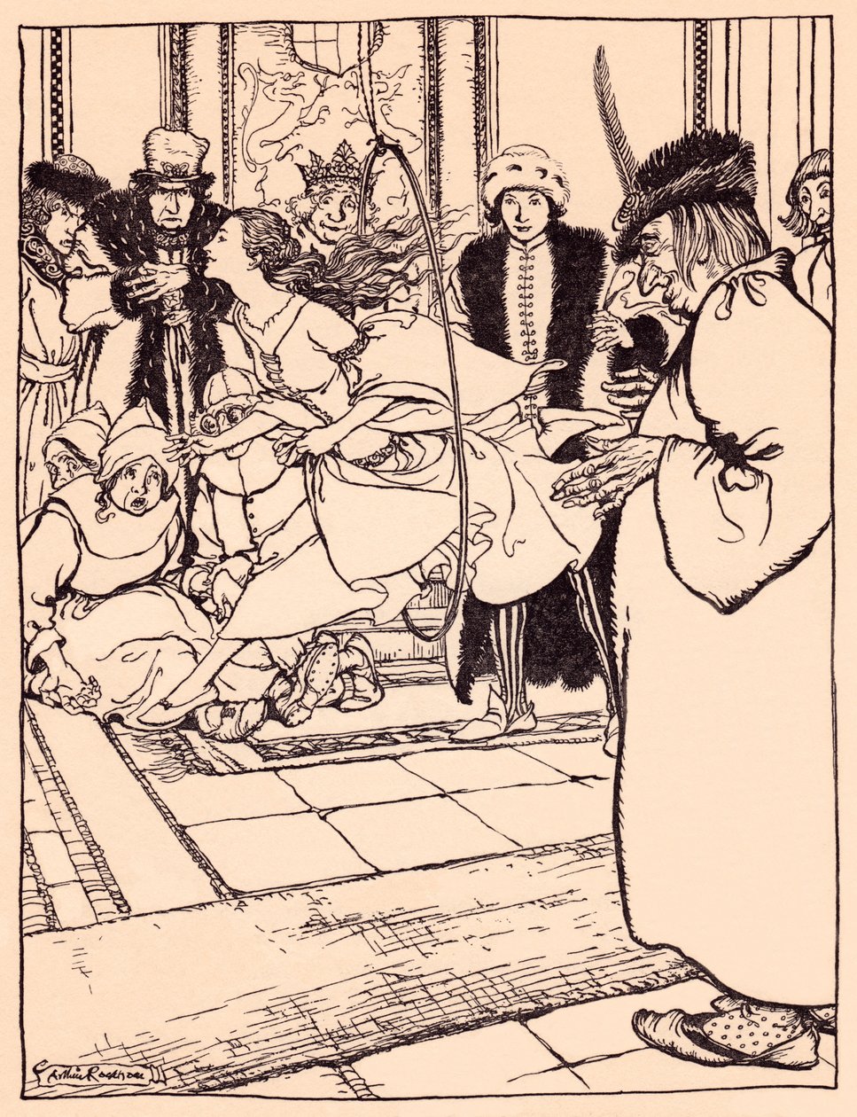 قفزت الفتاة الجميلة عبر الطوق بخفة مثل الغزلان. رسم توضيحي لآرثر راكهام من حكاية جريم الخيالية، الريش الثلاثة. بواسطة آرثر راكهام