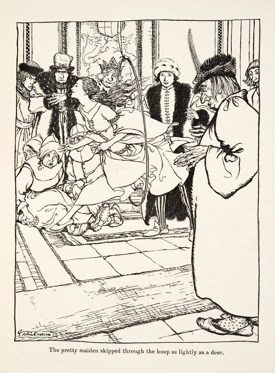 قفزت العذراء الجميلة عبر الطوق بخفة مثل الغزلان ، من Little Brother & Little Sister and Other Tales by the Brothers Grimm ، حانة 1917 (litho) بواسطة آرثر راكهام