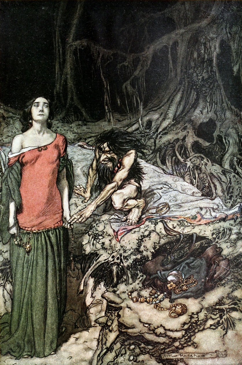 استمالة Grimhilde ، والدة Hagen. رسم توضيحي لـ Siegfried و The Twilight of the Go بواسطة آرثر راكهام