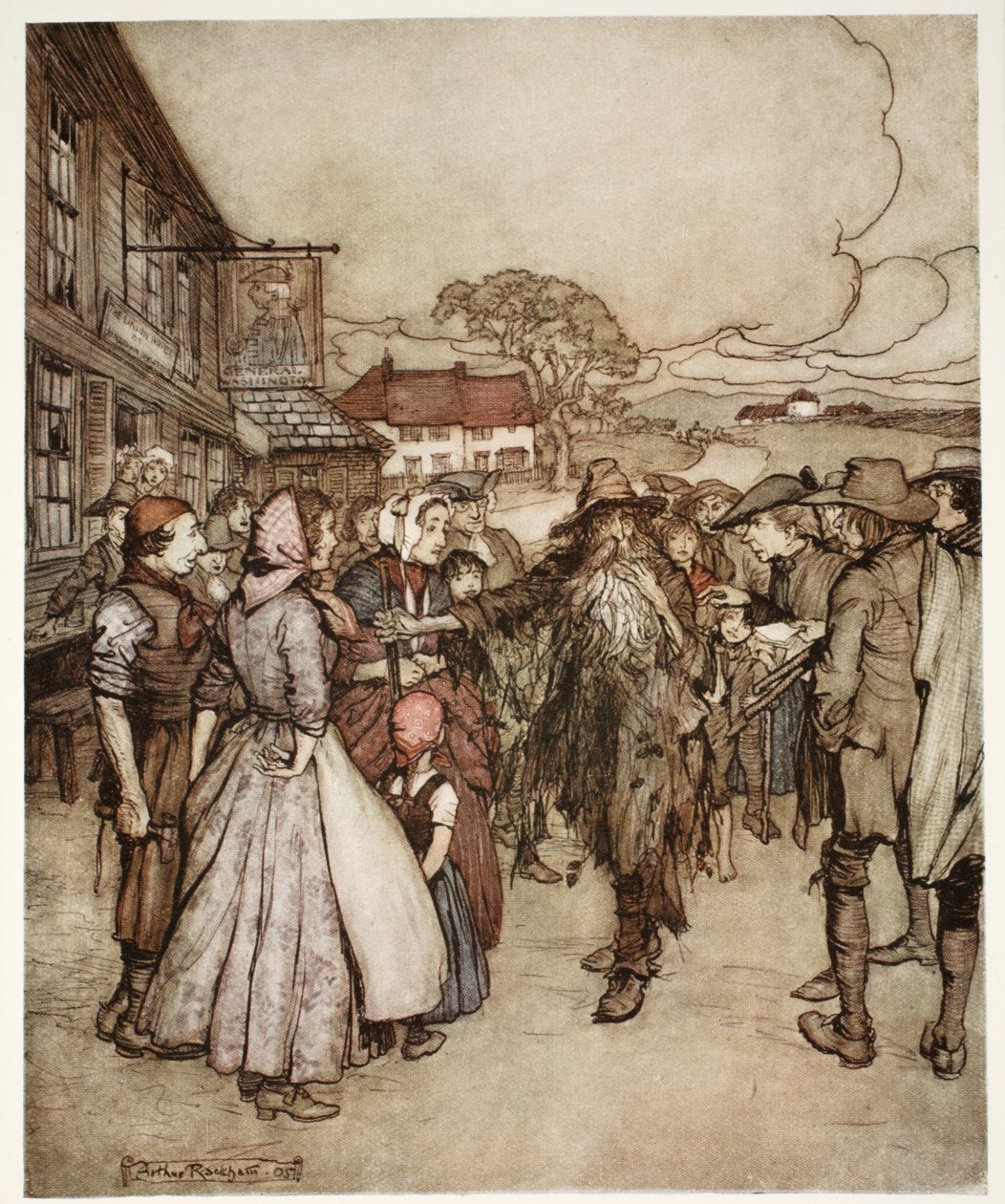 احتشدوا حوله ، متطلعين من الرأس إلى القدم بفضول كبير. ، من Rip Van Winkle by Washington Irving ، حانة. 1910 بواسطة آرثر راكهام