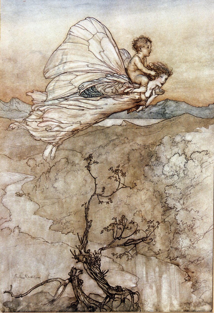 تيتانيا ملكة الرسوم تطير مع طفلها الصغير على ظهرها. رسم إيضاحي لآرثر راكهام (1867-1939) لحلم ليلة صيفية بقلم ويليام شكسبير بواسطة آرثر راكهام
