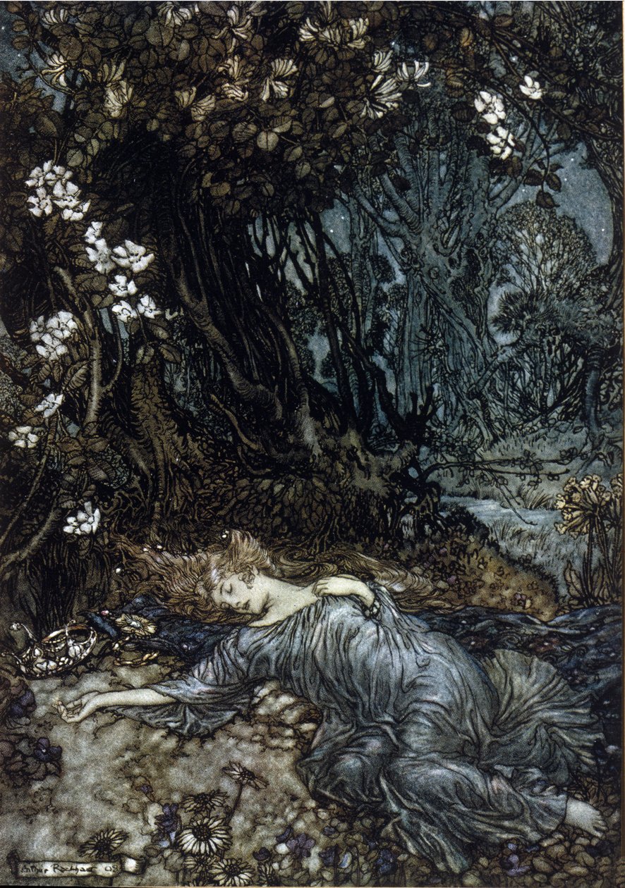 تيتانيا ملكة الرسوم نائمة. رسم إيضاحي لآرثر راكهام (1867-1939) لحلم ليلة صيفية بقلم ويليام شكسبير بواسطة آرثر راكهام