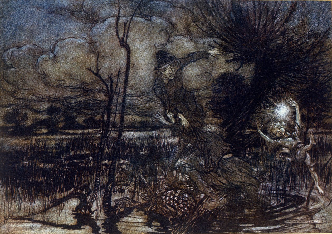 شخصيتان تفشلان في الغرق في المستنقع ، يساعدهما Puck في إشعال النار. رسم إيضاحي لآرثر راكهام (1867-1939) لحلم ليلة صيفية بقلم ويليام شكسبير بواسطة آرثر راكهام