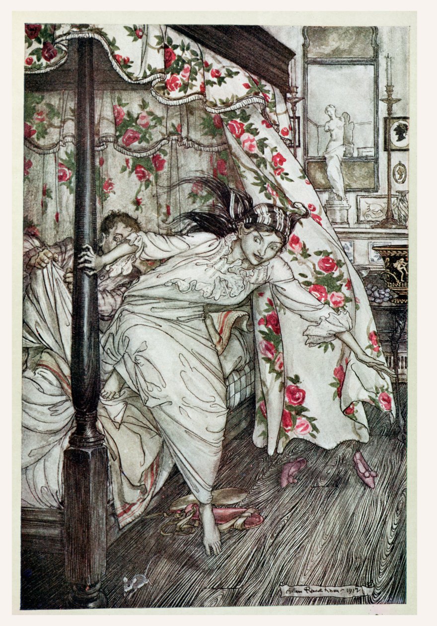 فينوس والقط ، رسم توضيحي من "أساطير إيسوب" ، نشره Heinemann ، 1912 (لون ليثو) بواسطة آرثر راكهام