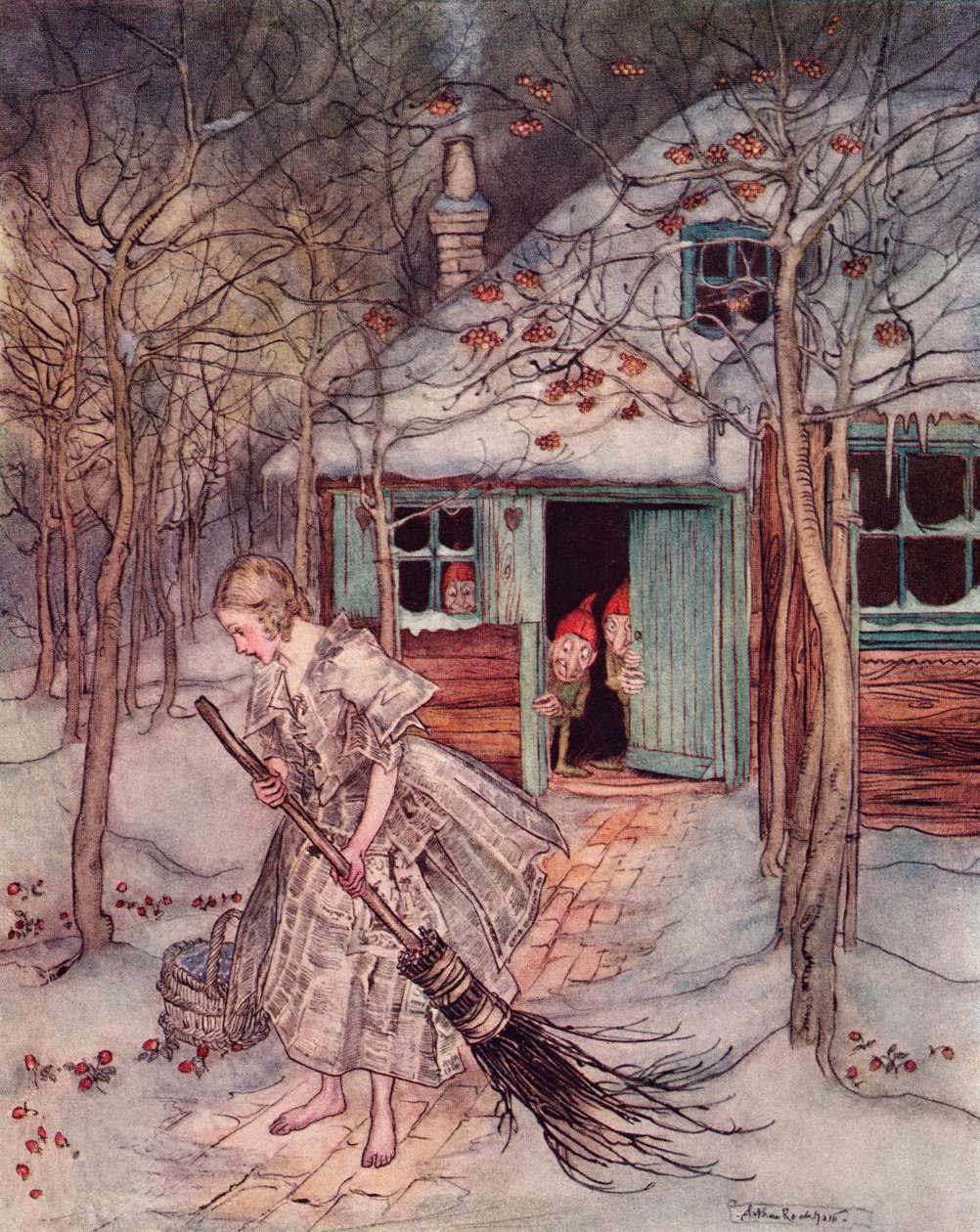 ماذا وجدت هناك سوى الفراولة الناضجة الحقيقية. رسم توضيحي لأرثر راكهام من فيلم The Fairy Tale ، The Three Little Men in the Wood من Grimm