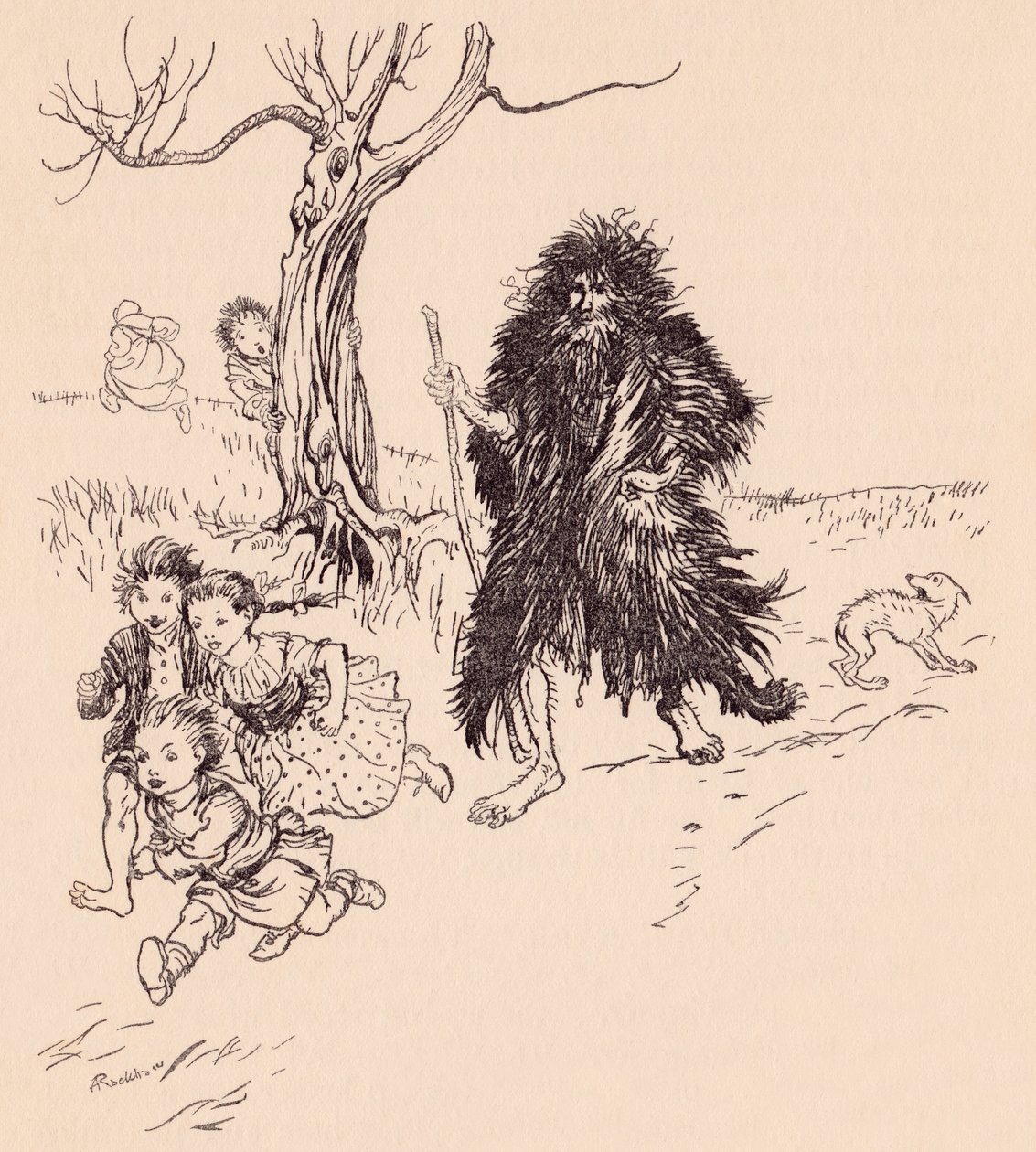 من رآه هرب. رسم توضيحي لآرثر راكهام من فيلم Fairy Tale Bearskin لجريم. بواسطة آرثر راكهام
